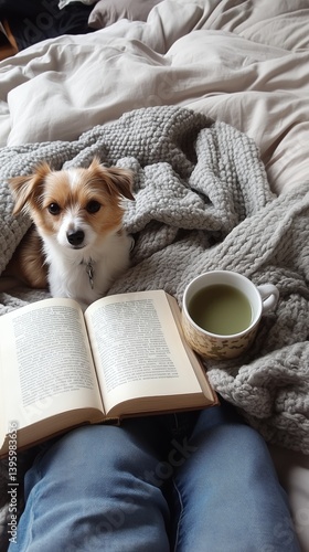 Cozy Afternoon With a Dog, Book, and a Cup of Tea on a Soft Blanket