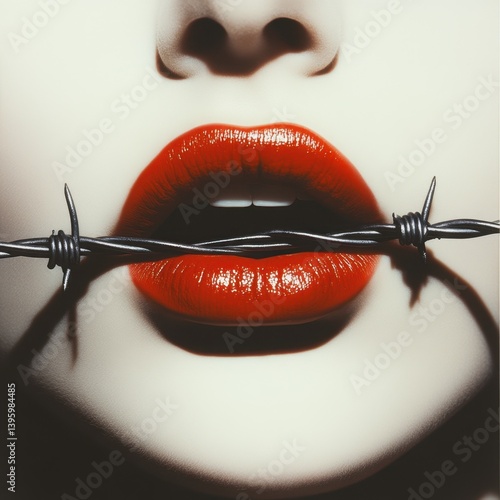 Red lips with barbed wire across mouth	