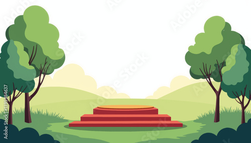 Elegant outdoor podium in grassy field surrounded by trees, simplicity