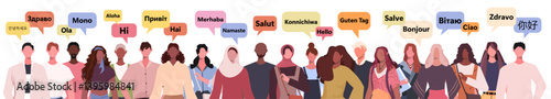  Set of multiethnic people say hello in different languages. Dialogues between characters. Vector illustration. Not AI generated