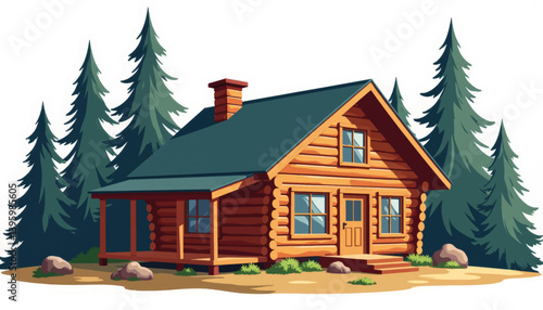 Cozy cabin in the woods with stylized trees, nature tranquility