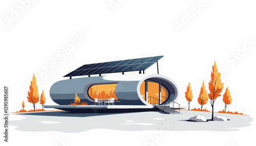 Futuristic eco-friendly house with solar panels in minimalist landscape, sustainability