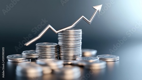Stacked silver coins with white arrow	