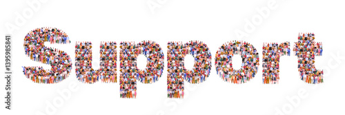 Large group of people forming word Support symbolizing teamwork, unity, and mutual help. Ideal for themes related to cooperation, mental health, social support, community. Vector Not AI generated