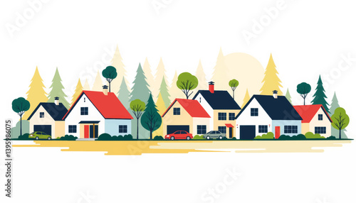 Colorful residential neighborhood illustration with geometric houses, community spirit