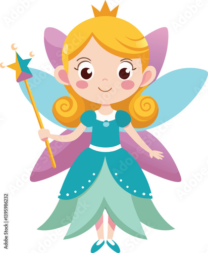 Cute fairy princess with wings and magic wand. Whimsical fantasy character in flat style. Ideal for children’s stories, games, and magical content.
