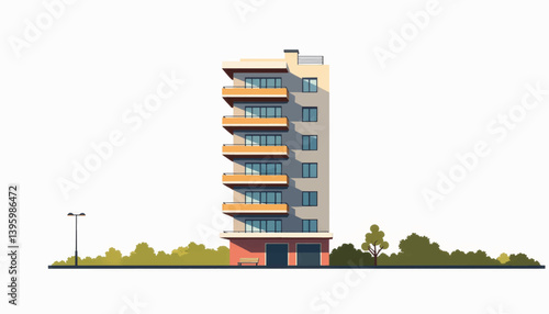 Sleek apartment building with balconies, minimalist urban design