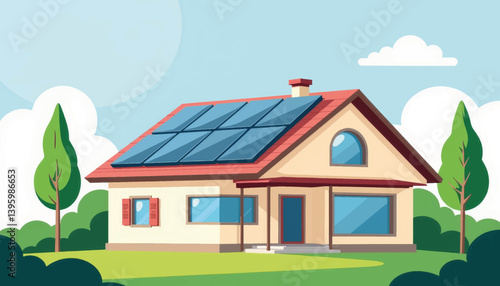 Modern eco-friendly house with solar panels under blue sky, sustainability