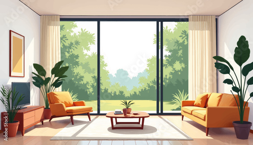 Stylish open-plan living room with garden view, modern serenity