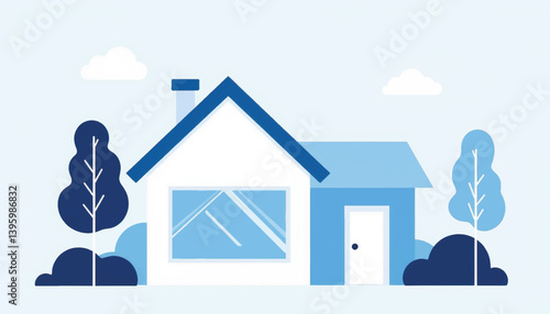 Modern geometric house illustration with trees, minimalist design