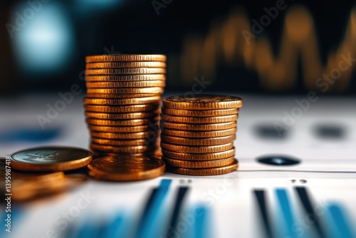 Stacked bronze coins with blurred background	
