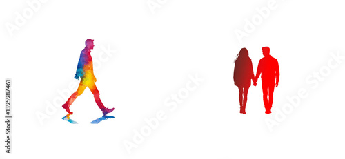 Watercolor silhouette man walking, red couple holding hands, cut out transparent