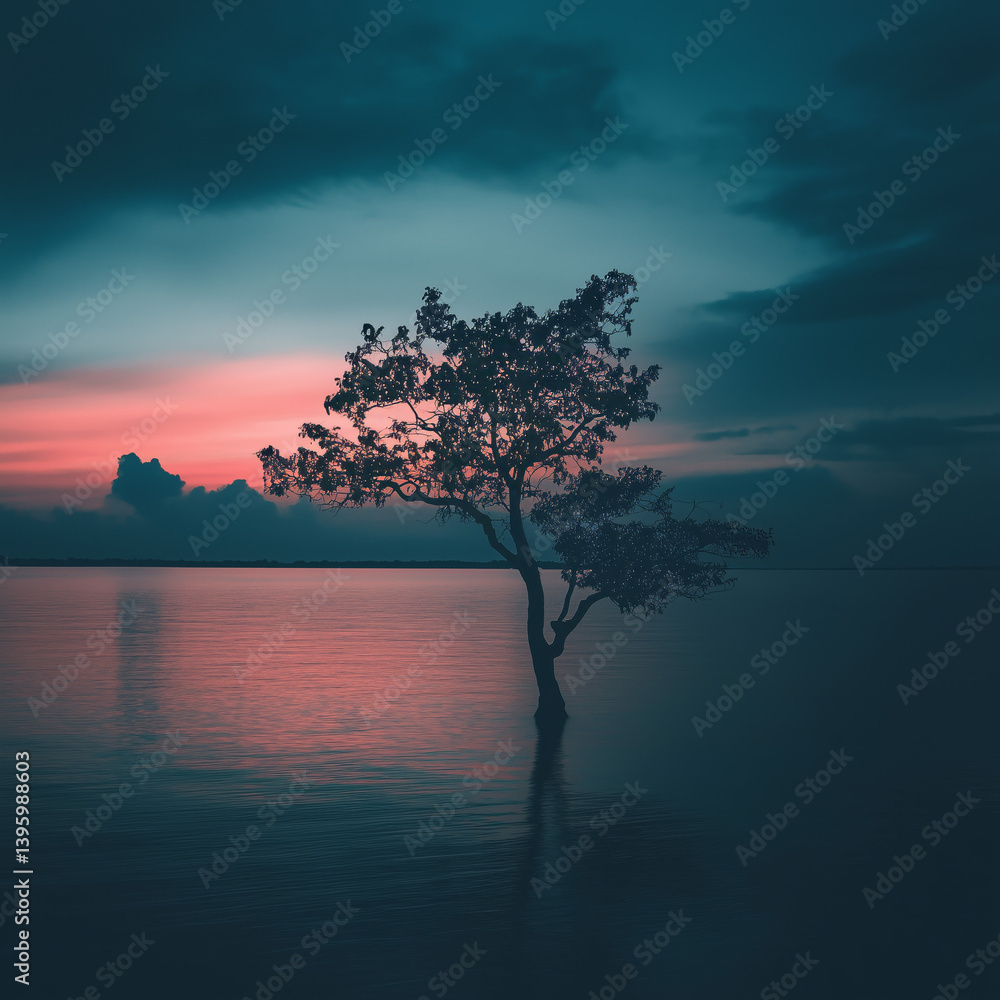 Obraz premium Lone tree reflected in calm water at dusk with colorful sky
