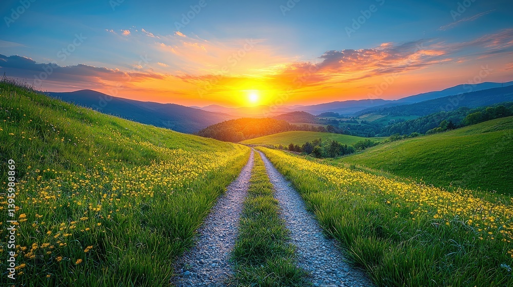 Sunrise over rolling hills, wildflowers Sunrise over rolling hills, wildflowers