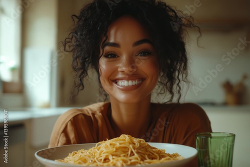 Smiling Woman in Casual Attire Enjoying Pasta Dish in Cozy Kitchen Setting