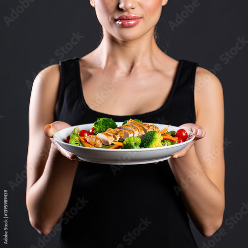 Woman holding healthy proper diet dish, copy space, proper nutrition	
