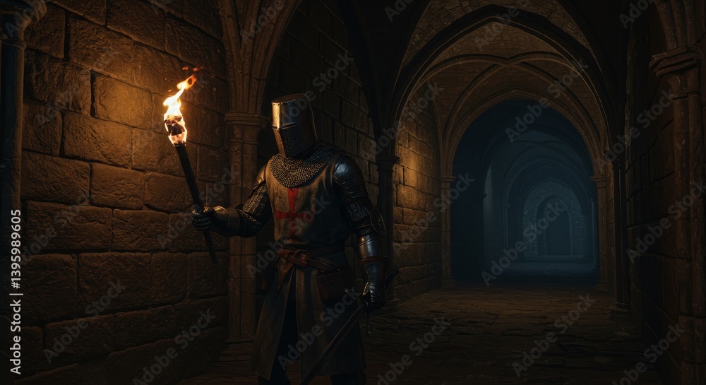 Fototapeta premium Templar Knight in Dark Corridor - A lone Templar knight, illuminated by a torch, stands in a dimly lit stone corridor. The atmosphere is mysterious and medieval