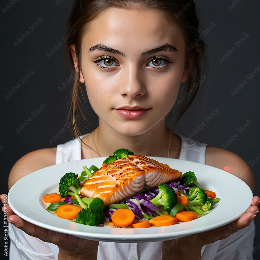 Woman holding healthy proper diet dish, copy space, proper nutrition