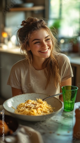 Young Woman Enjoying Pasta Meal in a Cozy Kitchen Setting on a Sunny Afternoon