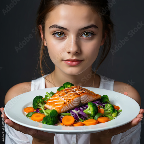 Obraz na płótnie Woman holding healthy proper diet dish, copy space, proper nutrition
w salonie