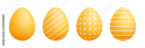 Cartoon 3d Easter egg set - yellow solid colors oval vector shapes, polka dots and striped patterns. Cute seasonal vector graphic drawing for spring holidays commercial projects illustration