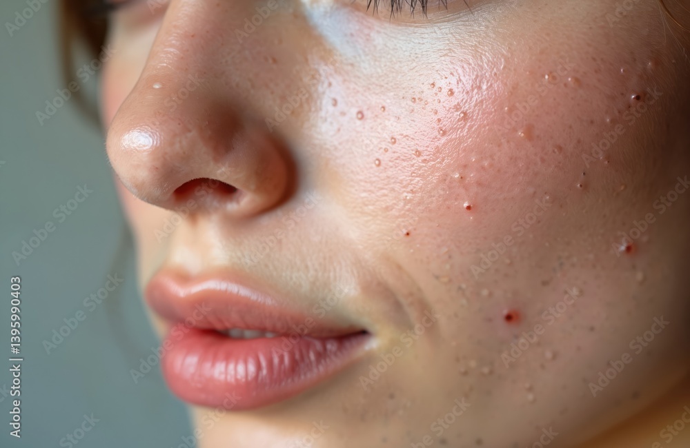 Naklejka premium Close-up detail of young woman facial skin texture. Acne open pores blackheads visible. Problematic skincare. Cosmetic concept background. Focus on face with skin imperfections.