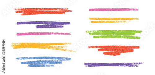 Pastel color crayon underline set - hand drawn horizontal highlighter strokes and emphasizing text lines with rough edges and textured design. Handdrawn elements for decorative accents