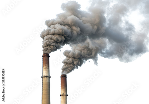 Isolated Tall Chimneys Emitting Dark Smoke into Air