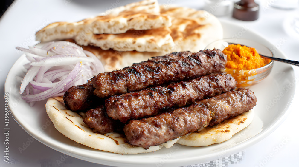 Grilled Minced Meat Sausages Served with Flatbread, Onion, and Spicy Sauce on a White Plate Grilled Minced Meat Sausages Served with Flatbread, Onion, and Spicy Sauce on a White Plate