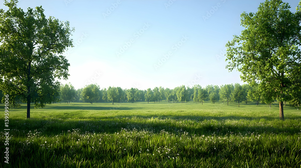 Obraz premium Green Meadow With Trees Under Sunny Sky