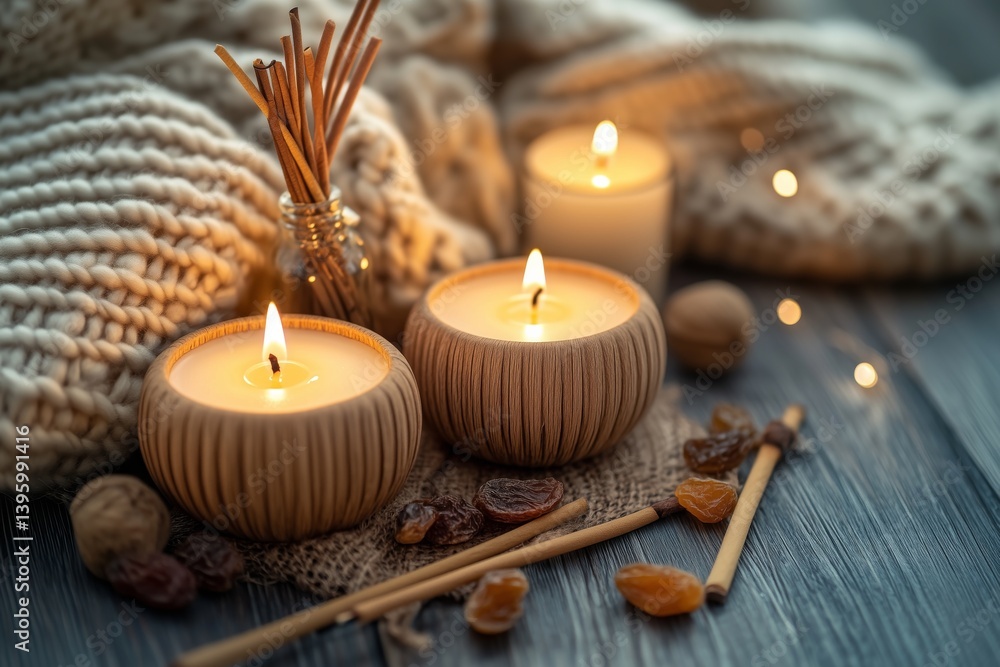 Cozy Atmosphere With Candles and Decorative Elements in Warm Lighting Cozy Atmosphere With Candles and Decorative Elements in Warm Lighting
