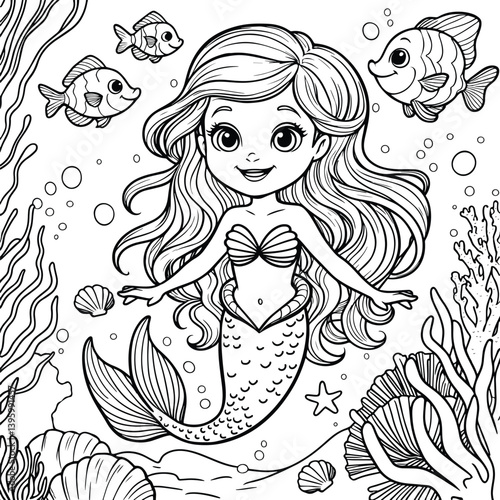 Coloring page for kids with llittle Mermaid in the deep ocean
