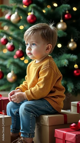 Boy blond sitting in room on New Year gifts against New Year tree background with bokeh