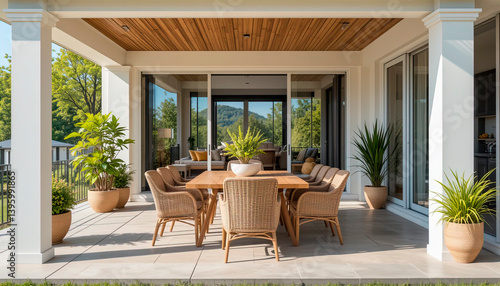 outdoor dining table with rattan furniture and plants on open terrace of house.	
