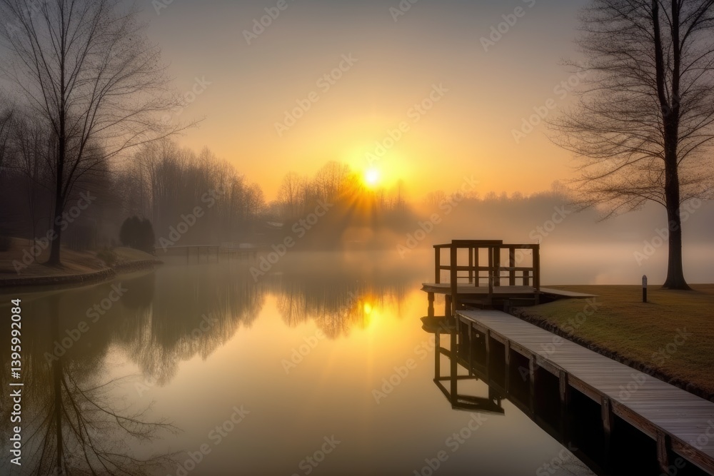 Misty sunrise over tranquil lake with wooden dock Misty sunrise over tranquil lake with wooden dock