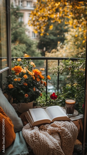 Cozy Balcony With Flowers, a Book, and Coffee in Autumn Setting