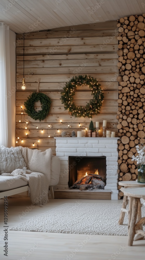 Fototapeta premium Cozy Living Room With a Fireplace and Holiday Decorations in a Wooden Cabin Setting