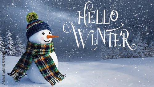 Hello winter inscription with the image of a snowman in a striped hat and scarf standing in the snow, with snowflakes falling in the background. Perfect for winter themes and holiday greetings. Banner