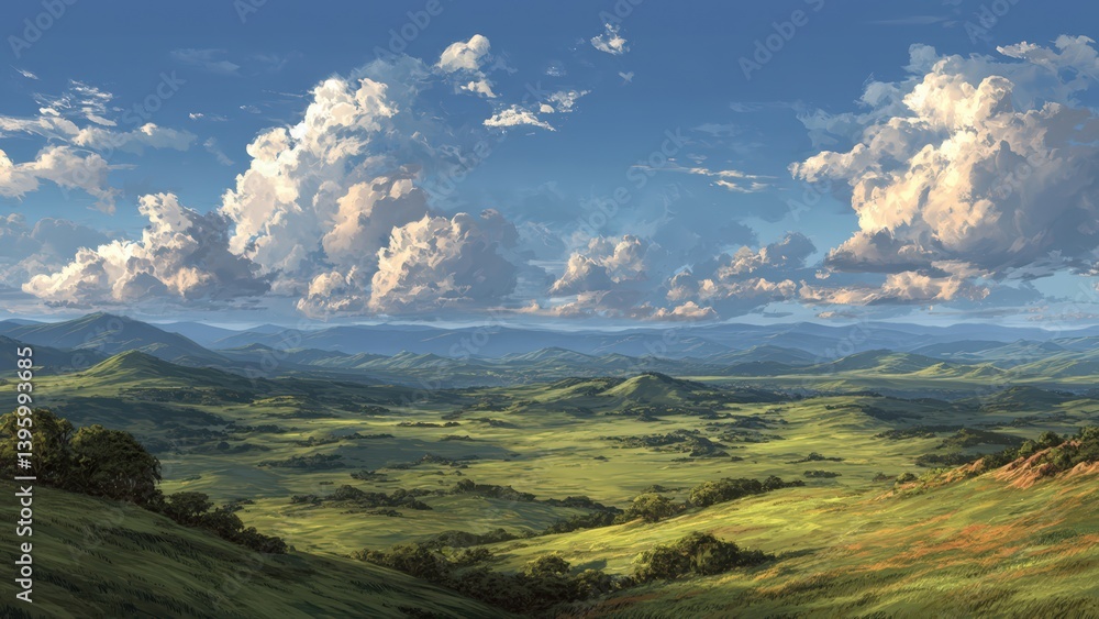 Fototapeta premium Open Countryside with Puffy Clouds