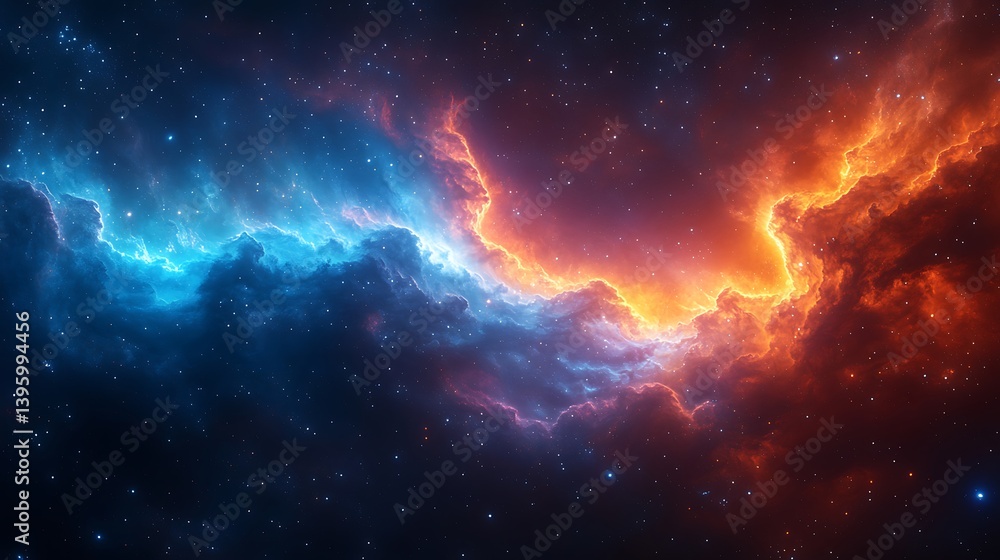 Obraz premium A cosmic aurora stretching infinitely across the sky, composed of electric blues, fiery oranges, and ultraviolet purples, swirling in hypnotic motion.