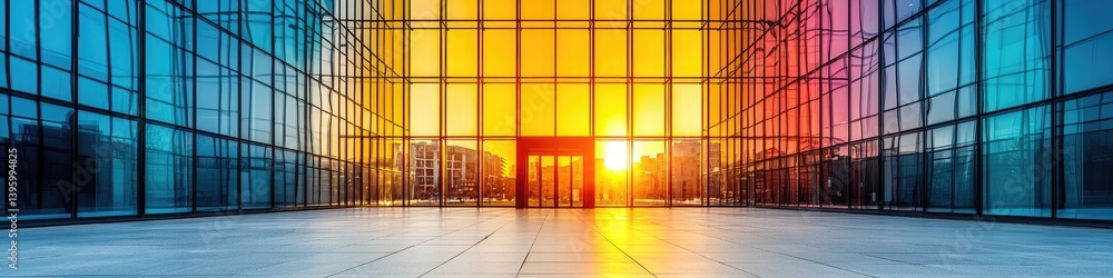 Sunset view through glass walls of modern building Sunset view through glass walls of modern building