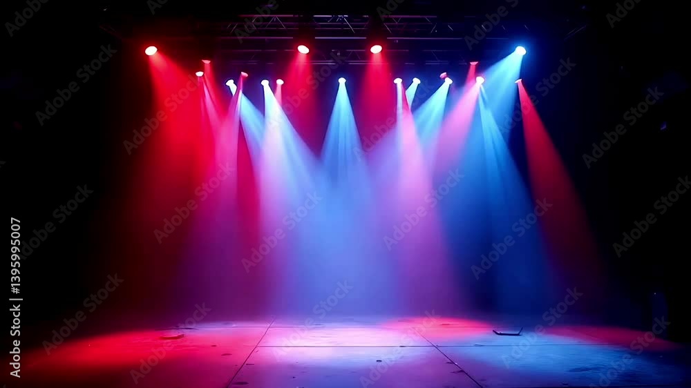 The stage of the concert is illuminated with colorful spotlights. Dark Background, Animation Motion Graphic Video 