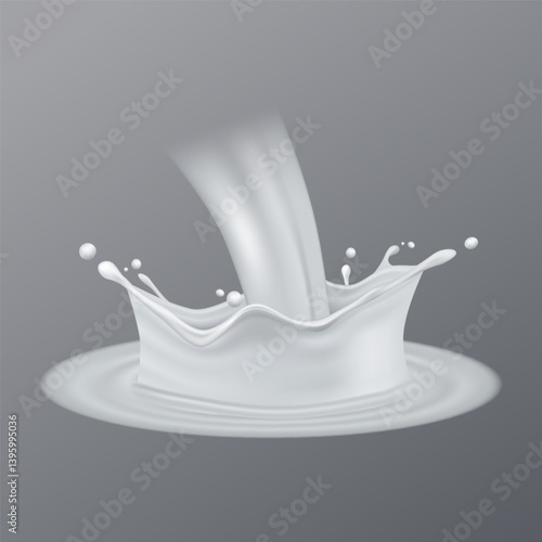 Realistic milk, Wave with Splashes, cream drops and splashes isolated on gray background. Vector illustration