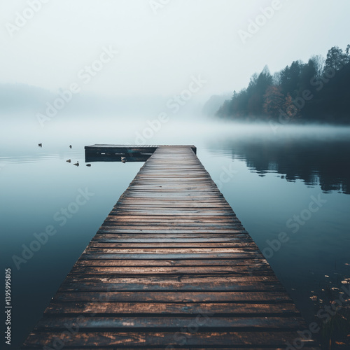 Wallpaper Mural Wooden pier stretching into a calm lake with fog and reflections in serene morning light Torontodigital.ca
