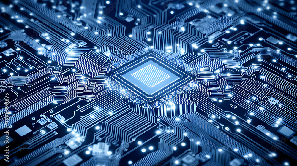 Detailed Circuit Board With Glowing Microchip Detailed Circuit Board With Glowing Microchip