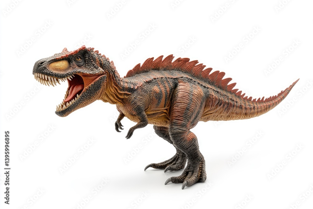 Fototapeta premium Realistic dinosaur toy figure roaring with vibrant colors against a white backdrop