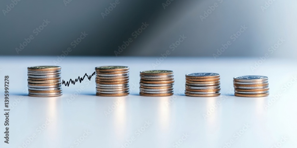 Different coin stacks on reflective surface	