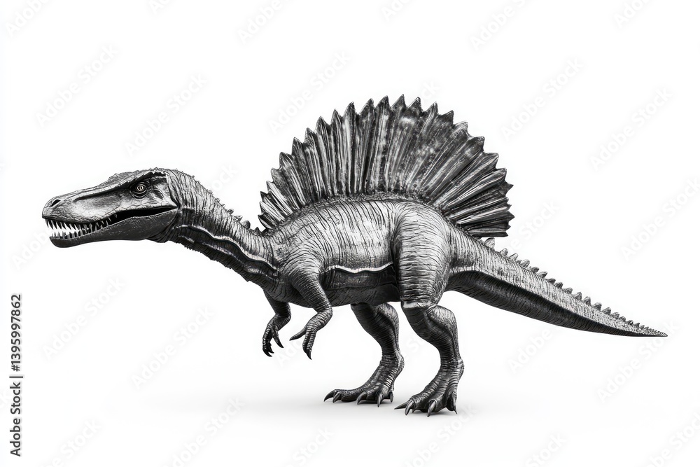 Fototapeta premium A realistic depiction of a Spinosaurus dinosaur standing in a neutral pose against a white background