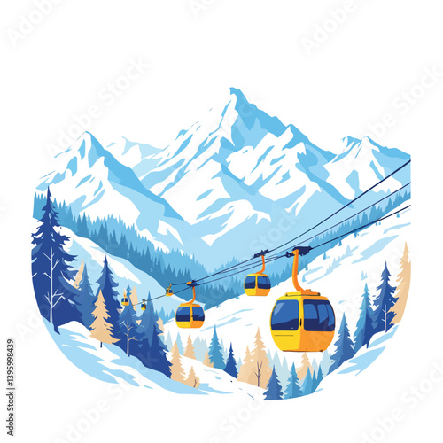 Vsai cable cars ascending snowy mountain in winter wonderland