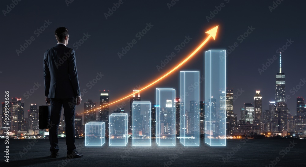 A businessman with briefcase looking at glowing bar graph with upward arrow against city skyline view A businessman with briefcase looking at glowing bar graph with upward arrow against city skyline view